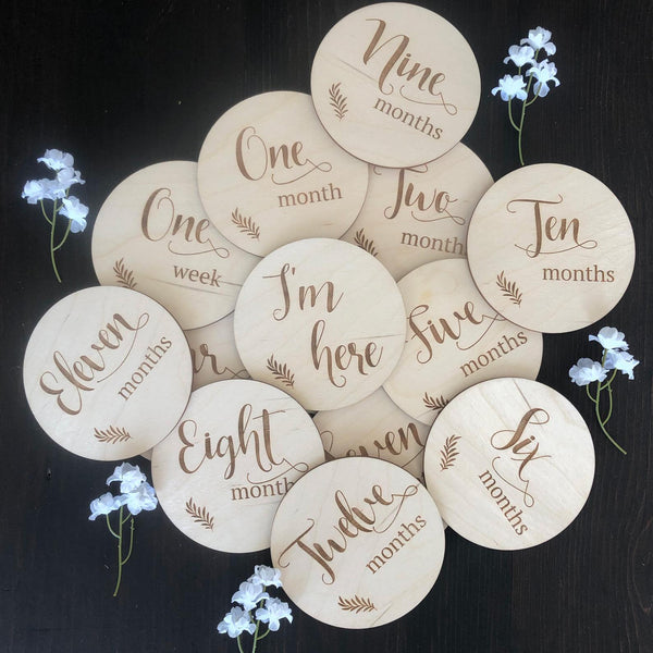 Wooden Baby Milestone Discs with Script Lettering