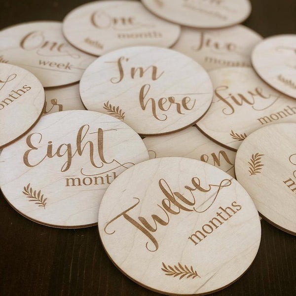 Wooden Baby Milestone Discs with Script Lettering