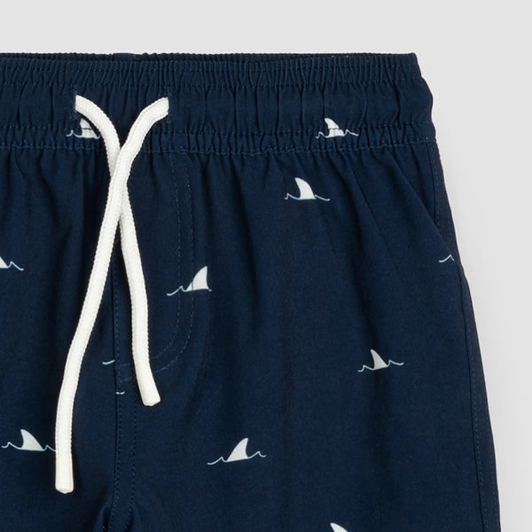 Shark Fin Print on Deep Blue Swim Trunks