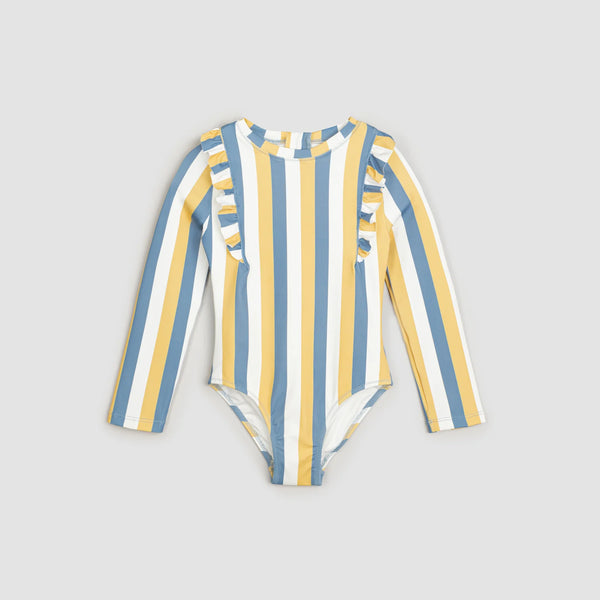 Sunrise & Blue Striped Long-Sleeve One-Piece Swimsuit