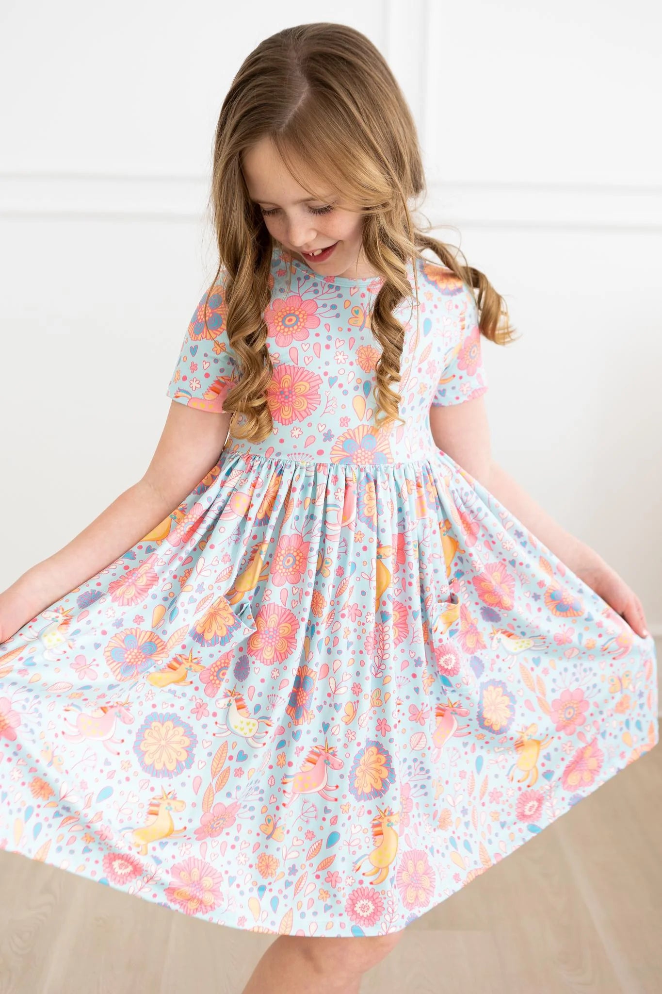 Blue Retro Unicorn Short Sleeve Twirl Dress