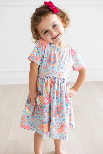 Blue Retro Unicorn Short Sleeve Twirl Dress