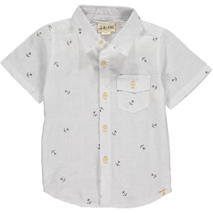 White Anchor Print Short Sleeve Button Down Shirt