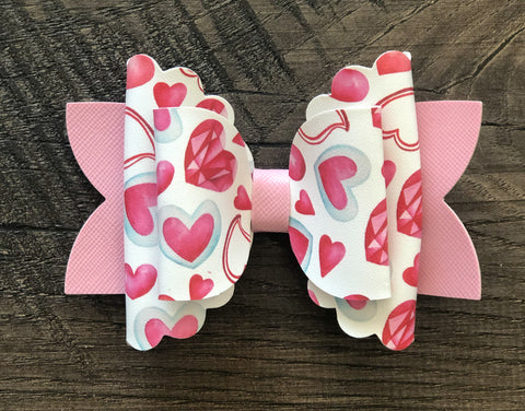 Jeweled Hearts Scalloped Faux Leather Bow Set