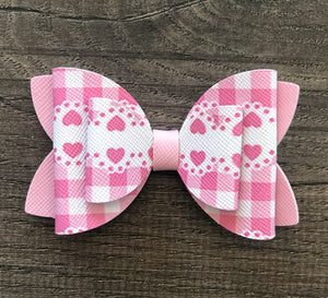 Pink Gingham with Hearts Faux Leather Bow Set