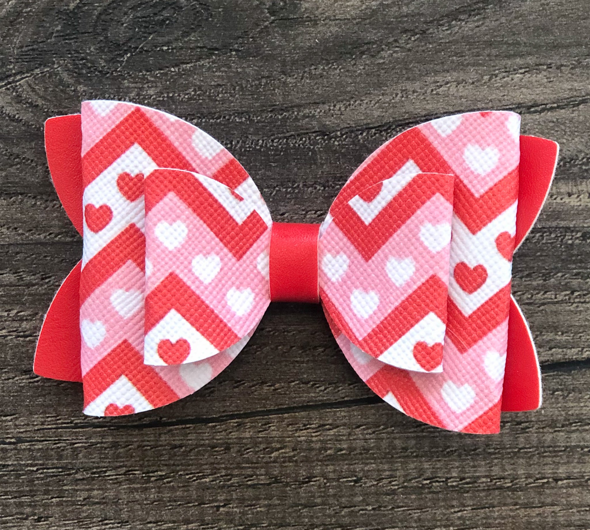 Red, Pink and White Heart Faux Leather Bow Set