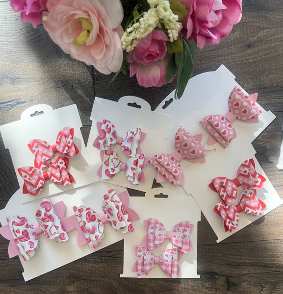 Red, Pink and White Heart Faux Leather Bow Set