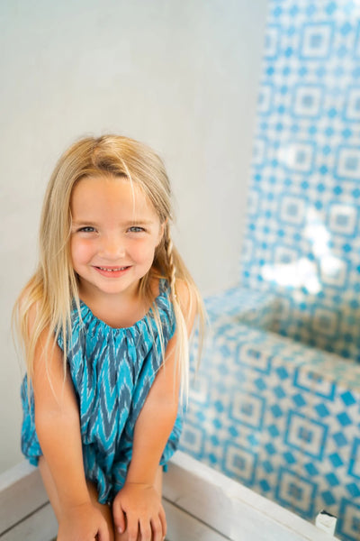 Colette Girl's Top & Short Set Turquoise Blue Ikat
